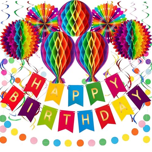 Wiederverwendbare Party Deko - Regenbogen Deko Geburtstag / Party Deko -Happy Birthday Girlande, Happy Birthday-Banner, Wabenbälle, Geburtstagsdeko für Männer Frauen (Regenbogen Partydeko) von AONAT