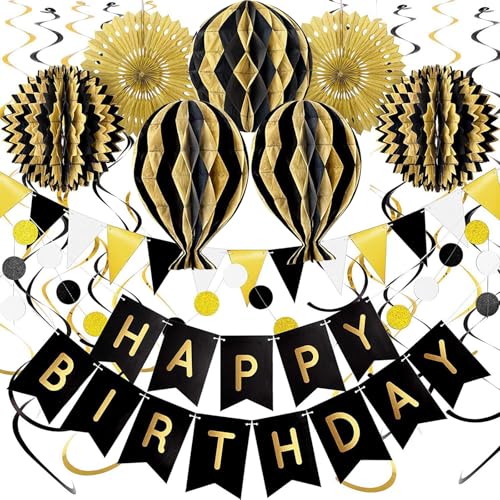Wiederverwendbare Party Deko - Schwarz Gold Deko Geburtstag/Party Deko -Happy Birthday Girlande, Happy Birthday-Banner, Wabenbälle, Geburtstagsdeko für Männer Frauen (Schwarz Gold Partydeko) von AONAT