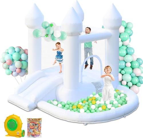 Aufblasbares Hüpfhaus Schloss mit Rutsche, weißer Jumper Hüpfburg mit Bällebad Hochzeitsschloss für Party Hinterhof für Kinder, mit 370W Luftgebläse Aufblasbares Hüpfhaus Schloss mit Rutsche, weißer Jumper Hüpfburg mit Bällebad Hochzeitsschloss für Party Hinterhof für Kinder, mit 370W Luftgebläse von AONESY