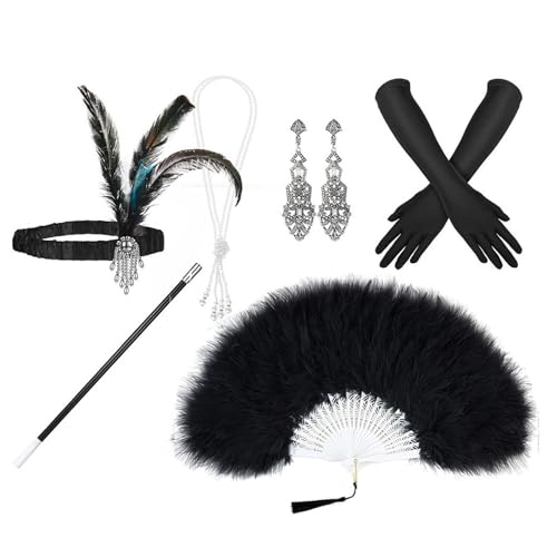 AOOOWER 1920er Jahre Flapper Accessoires Gatsbys Kostüm Accessoires Set für Frauen 20er Jahre Kopfbedeckung Fan Perlen Halskette Handschuhe Ohrring Set Brüllende 20er Jahre von AOOOWER