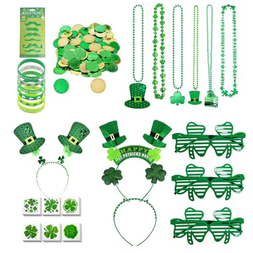 AOOOWER Patricks Day Zubehör Kostüm für Irische Unisex grüne Brille Halskette Körper Aufkleber Armband Münze & Stirnband Irisches Kostüm Erwachsene von AOOOWER