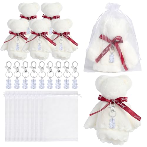 AOOOWER Plüschbär-Schlüsselanhänger, Dankeschön, weiße Organza-Beutel, Handtücher für Babypartys, Gastgeschenke, Hochzeit, Geburtstag, Partyzubehör von AOOOWER