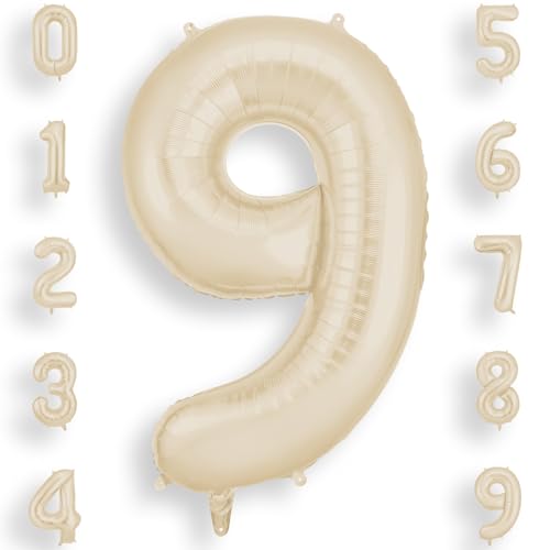 AOOSU Geburtstag Zahlen Luftballon 9 Beige, 40 Zoll Geburtstagsdeko Ballon 9, Riesige Folienballon Weiß Creme Helium Ballons für Männer Frauen Geburtstagsparty Deko, Jubiläum 9 Jahre Deko von AOOSU