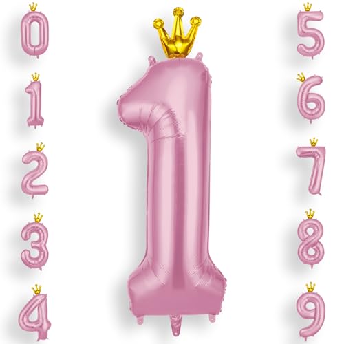 AOOSU Zahlen Luftballon 1 Rosa, 40 Zoll Folienballon 1 Geburtstag Helium Ballon 1, 101cm Zahlenballon 1 Ballon mit Krone für 1 Jahre Geburtstagsdeko Kinder Mädchen Junge und Jahrestag Dekorationen von AOOSU