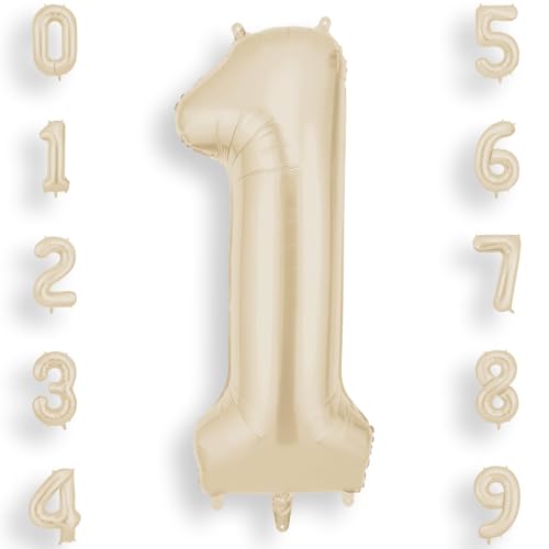 AOOSU Geburtstag Zahlen Luftballon 1 Beige, 40 Zoll Geburtstagsdeko Ballon 1, Riesige Folienballon Weiß Creme Helium Ballons für Männer Frauen Geburtstagsparty Deko, Jubiläum 1 Jahre Deko von AOOSU