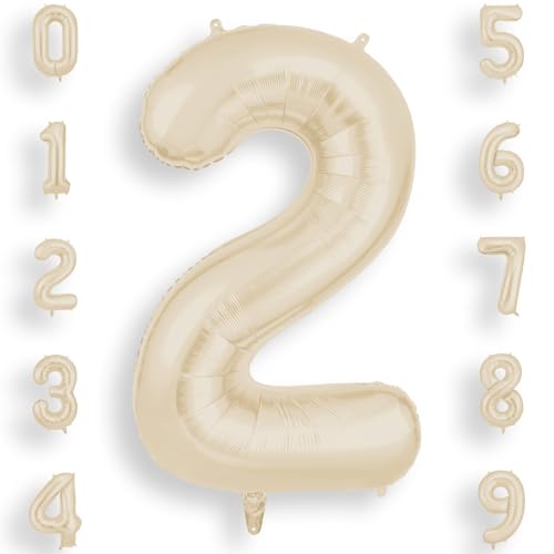AOOSU Geburtstag Zahlen Luftballon 2 Beige, 40 Zoll Geburtstagsdeko Ballon 2, Riesige Folienballon Weiß Creme Helium Ballons für Männer Frauen Geburtstagsparty Deko, Jubiläum 2 Jahre Deko von AOOSU