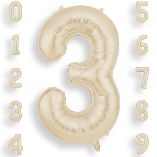 AOOSU Geburtstag Zahlen Luftballon 3 Beige, 40 Zoll Geburtstagsdeko Ballon 3, Riesige Folienballon Weiß Creme Helium Ballons für Männer Frauen Geburtstagsparty Deko, Jubiläum 3 Jahre Deko von AOOSU