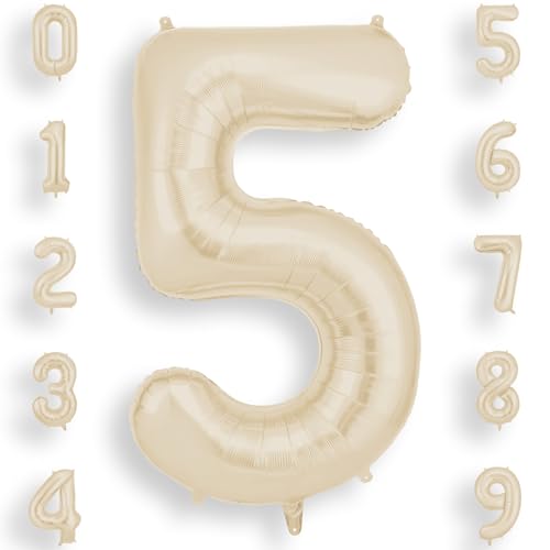 AOOSU Geburtstag Zahlen Luftballon 5 Beige, 40 Zoll Geburtstagsdeko Ballon 5, Riesige Folienballon Weiß Creme Helium Ballons für Männer Frauen Geburtstagsparty Deko, Jubiläum 5 Jahre Deko von AOOSU