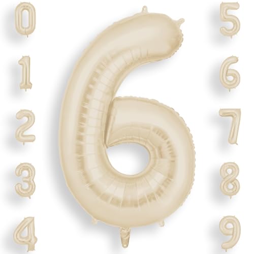 AOOSU Geburtstag Zahlen Luftballon 6 Beige, 40 Zoll Geburtstagsdeko Ballon 6, Riesige Folienballon Weiß Creme Helium Ballons für Männer Frauen Geburtstagsparty Deko, Jubiläum 6 Jahre Deko von AOOSU