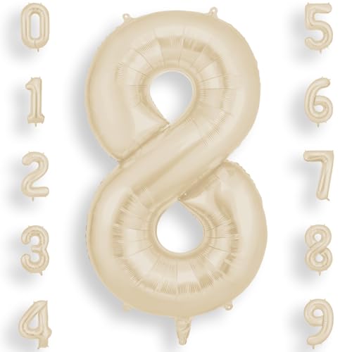 AOOSU Geburtstag Zahlen Luftballon 8 Beige, 40 Zoll Geburtstagsdeko Ballon 8, Riesige Folienballon Weiß Creme Helium Ballons für Männer Frauen Geburtstagsparty Deko, Jubiläum 8 Jahre Deko von AOOSU