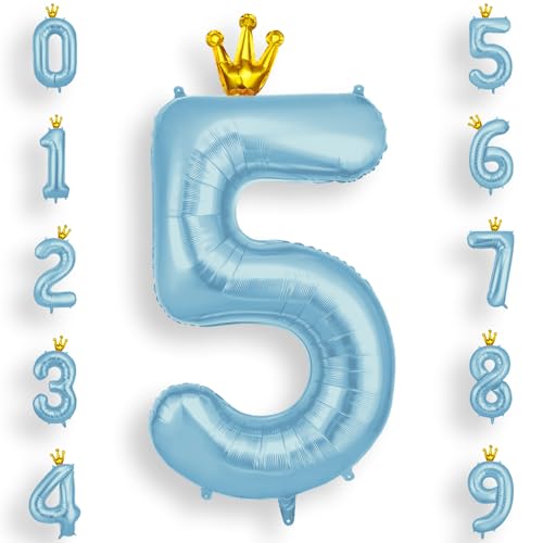 AOOSU Zahlen Luftballon Geburtstag 5 Blau, 40 Zoll Geburtstagsdeko Ballon 5, Riesige Folienballon 5 mit Krone für Mädchen Jungen Geburtstagsparty Deko, Jubiläum 5 Jahre Deko von AOOSU