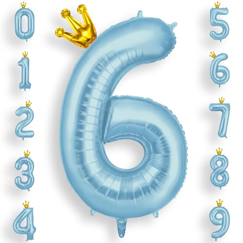 AOOSU Zahlen Luftballon Geburtstag 6 Blau, 40 Zoll Geburtstagsdeko Ballon 6, Riesige Folienballon 6 mit Krone für Mädchen Jungen Geburtstagsparty Deko, Jubiläum 6 Jahre Deko von AOOSU