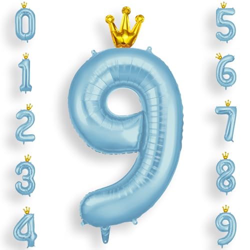 AOOSU Zahlen Luftballon Geburtstag 9 Blau, 40 Zoll Geburtstagsdeko Ballon 9, Riesige Folienballon 9 mit Krone für Mädchen Jungen Geburtstagsparty Deko, Jubiläum 9 Jahre Deko von AOOSU