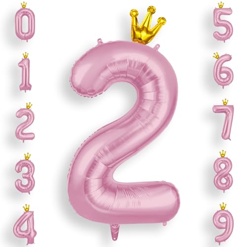 AOOSU Zahlen Luftballon 2 Rosa, 40 Zoll Folienballon 2 Geburtstag Helium Ballon 2, 101cm Zahlenballon 2 Ballon mit Krone für 2 Jahre Geburtstagsdeko Kinder Mädchen Junge und Jahrestag Dekorationen von AOOSU