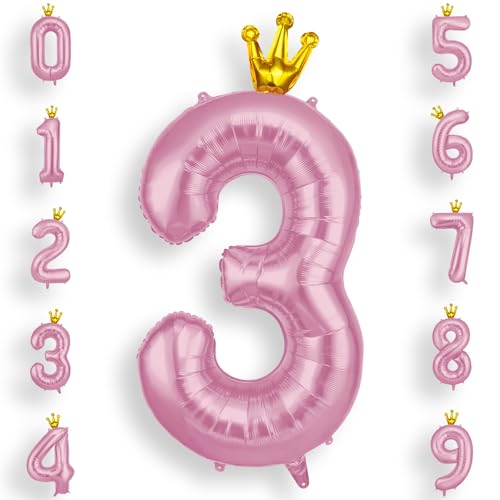 AOOSU Zahlen Luftballon 3 Rosa, 40 Zoll Folienballon 3 Geburtstag Helium Ballon 3, 101cm Zahlenballon 3 Ballon mit Krone für 3 Jahre Geburtstagsdeko Kinder Mädchen Junge und Jahrestag Dekorationen von AOOSU