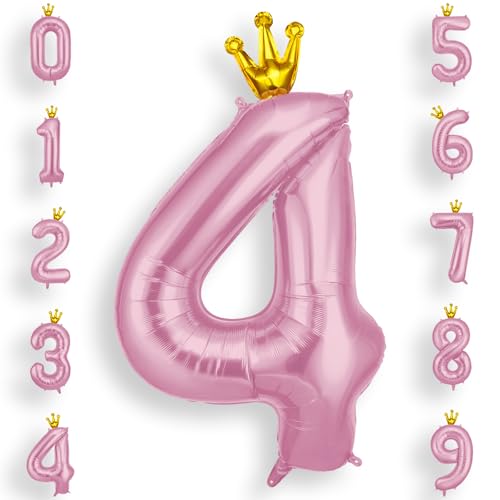 AOOSU Zahlen Luftballon 4 Rosa, 40 Zoll Folienballon 4 Geburtstag Helium Ballon 4, 101cm Zahlenballon 4 Ballon mit Krone für 4 Jahre Geburtstagsdeko Kinder Mädchen Junge und Jahrestag Dekorationen von AOOSU