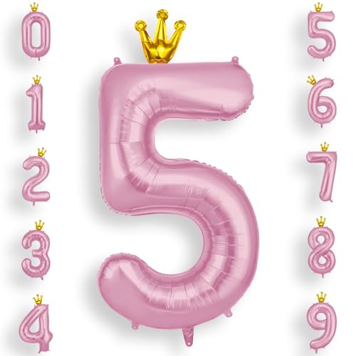 AOOSU Zahlen Luftballon 5 Rosa, 40 Zoll Folienballon 5 Geburtstag Helium Ballon 5, 101cm Zahlenballon 5 Ballon mit Krone für 5 Jahre Geburtstagsdeko Kinder Mädchen Junge und Jahrestag Dekorationen von AOOSU