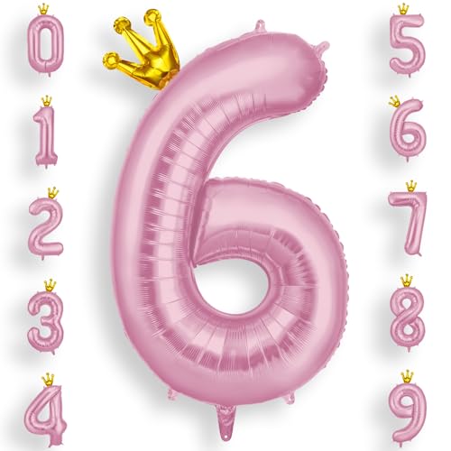 AOOSU Zahlen Luftballon 6 Rosa, 40 Zoll Folienballon 6 Geburtstag Helium Ballon 6, 101cm Zahlenballon 6 Ballon mit Krone für 6 Jahre Geburtstagsdeko Kinder Mädchen Junge und Jahrestag Dekorationen von AOOSU