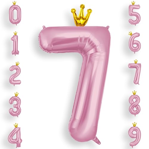 AOOSU Zahlen Luftballon 7 Rosa, 40 Zoll Folienballon 7 Geburtstag Helium Ballon 7, 101cm Zahlenballon 7 Ballon mit Krone für 7 Jahre Geburtstagsdeko Kinder Mädchen Junge und Jahrestag Dekorationen von AOOSU