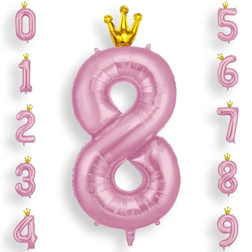 AOOSU Zahlen Luftballon 8 Rosa, 40 Zoll Folienballon 8 Geburtstag Helium Ballon 8, 101cm Zahlenballon 8 Ballon mit Krone für 8 Jahre Geburtstagsdeko Kinder Mädchen Junge und Jahrestag Dekorationen von AOOSU
