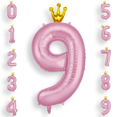 AOOSU Zahlen Luftballon 9 Rosa, 40 Zoll Folienballon 9 Geburtstag Helium Ballon 9, 101cm Zahlenballon 9 Ballon mit Krone für 9 Jahre Geburtstagsdeko Kinder Mädchen Junge und Jahrestag Dekorationen von AOOSU