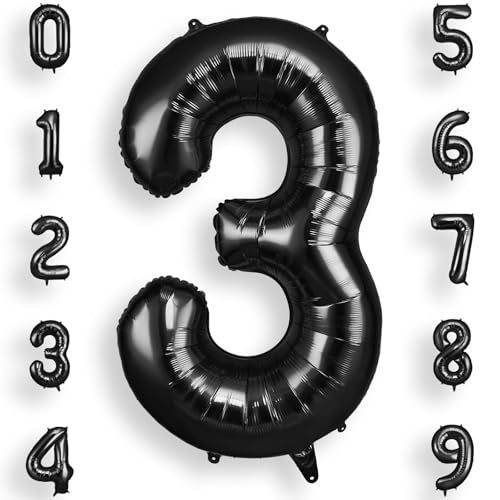 AOOSU Zahlen Luftballon Schwarz Folienballon 3, 40 Zoll Helium Ballons Geburtstagsdeko Mädchen Junge Kindergeburtstag Party Deko Ballon Zahl Deko zum Geburtstag Silvester Deko Neujahr Deko von AOOSU