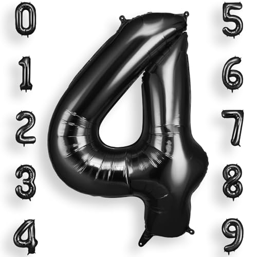 AOOSU Zahlen Luftballon Schwarz Folienballon 4, 40 Zoll Helium Ballons Geburtstagsdeko Mädchen Junge Kindergeburtstag Party Deko Ballon Zahl Deko zum Geburtstag Silvester Deko Neujahr Deko von AOOSU