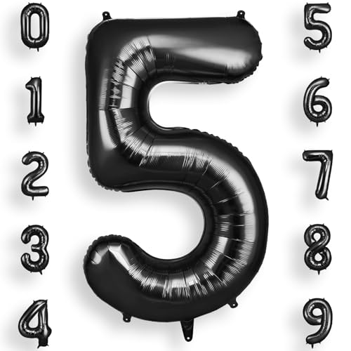 AOOSU Zahlen Luftballon Schwarz Folienballon 5, 40 Zoll Helium Ballons Geburtstagsdeko Mädchen Junge Kindergeburtstag Party Deko Ballon Zahl Deko zum Geburtstag Silvester Deko Neujahr Deko von AOOSU