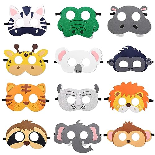 AOOTUERL 12 Stücke Kinder Filz Masken,Tiermasken aus Filz,Kinder Cosplay Masken, Cosplay Maske verkleiden für Halloween Party Maskerade Geburtstage Dschungel Thema Partyzubehör von AOOTUERL