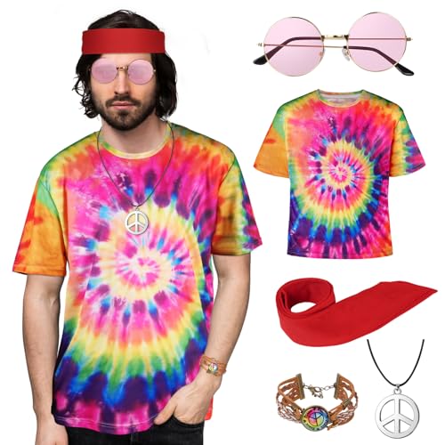 AOOWU Hippie Kostüm Herren,5pcs Hippie Kleidung Herren,60er 70er 80er Jahre Bekleidung Herren Set mit Shirt Hippie Brille Peace Kette Perücke Stirnband Geflochtenes Armband für Party Fasching Karneval von AOOWU