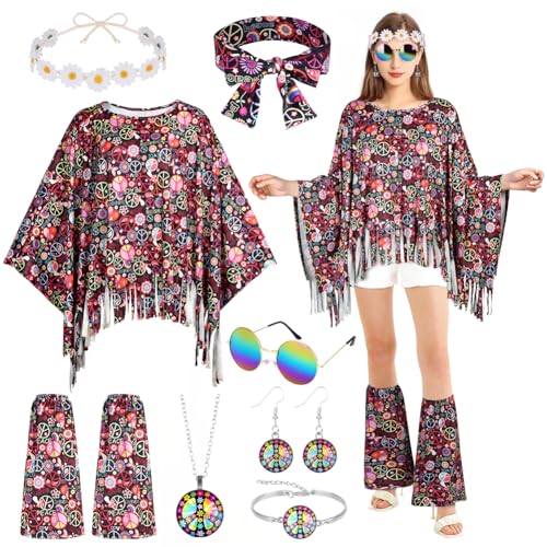 AOOWU 9pcs Hippie Kostüm Damen Set, Hippie Costume Women's Set, 60er 70er Hippie Bekleidung Damen, Carnival Costume Women's Hippie with Hippie Accessories for Cosplay Carnival Fancy Dress Theme Party AOOWU 9pcs Hippie Kostüm Damen Set, Hippie Costume Women's Set, 60er 70er Hippie Bekleidung Damen, Carnival Costume Women's Hippie with Hippie Accessories for Cosplay Carnival Fancy Dress Theme Party von AOOWU