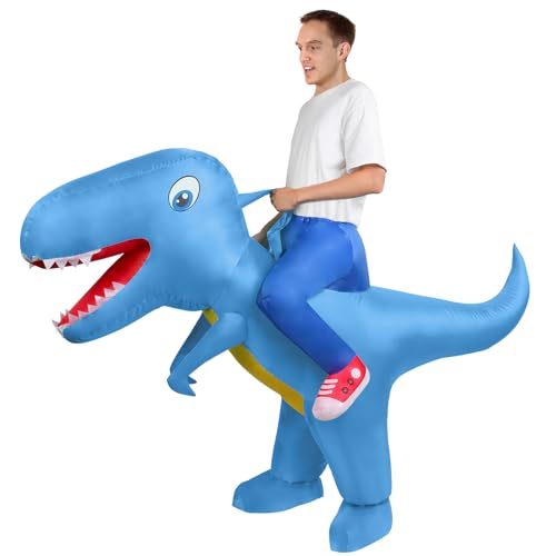 AOOWU Aufblasbare Dinosaurier Kostüm, Aufblasbares Kostüm für Erwachsene, Dinosaurier Kostüm Erwachsene Blau, Karneval Party Dino Kostüm Männer Frauen(155cm-190cm) von AOOWU