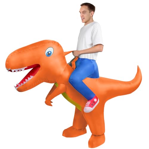 AOOWU Aufblasbare Dinosaurier Kostüm, Aufblasbares Kostüm für Erwachsene, Dinosaurier Kostüm Erwachsene Orange Farbe, Karneval Party Dino Kostüm Männer Frauen(155cm-190cm) von AOOWU