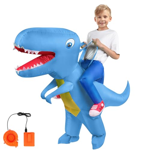AOOWU Aufblasbare Dinosaurier Kostüm, Dino Kostüm Kinder Aufblasbar Blau, Aufblasbares Kostüm für Kinder, Karneval Party Dino Kostüm(120cm-150cm) von AOOWU