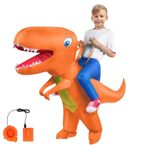 AOOWU Aufblasbare Dinosaurier Kostüm, Dino Kostüm Kinder Aufblasbar Orange Farbe, Aufblasbares Kostüm für Kinder, Karneval Party Dino Kostüm(120cm-150cm) von AOOWU