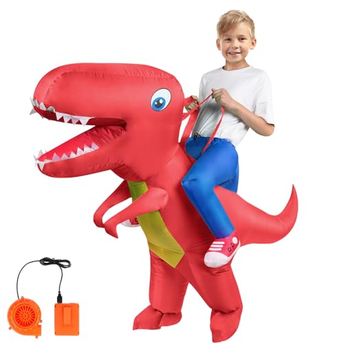 AOOWU Aufblasbare Dinosaurier Kostüm, Dino Kostüm Kinder Aufblasbar Rot, Aufblasbares Kostüm für Kinder, Karneval Party Dino Kostüm(120cm-150cm) von AOOWU