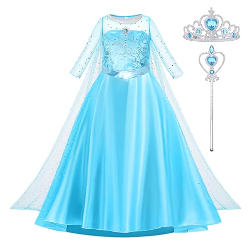 AOOWU ELSA Kostüm Mädchen, 3-teiliges Set ELSA Anna Prinzessin Kleid Kinder mit Krone Zauberstab, ELSA Dress Kostüm für Karneval Halloween Weihnachten Verkleidung Party （150cm） von AOOWU