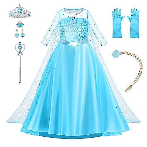 AOOWU Elsa Kostüm Mädchen, 9-teiliges Set elsa Kleid Kinder mit Krone Handschuhe Zauberstab, Prinzessin Kostüm Cosplay für Karneval Halloween Verkleidung Party （100cm） von AOOWU