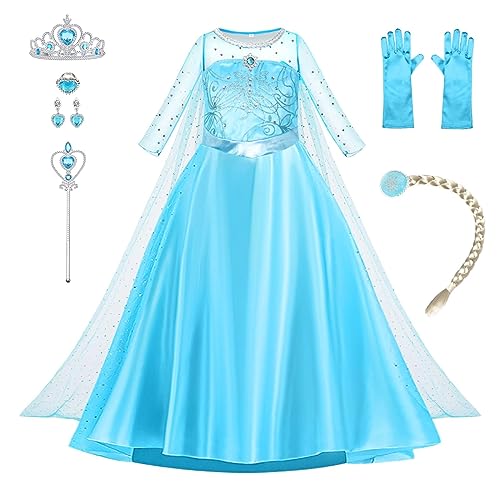 AOOWU ELSA Kostüm Mädchen, 9-teiliges Set Kleid Kinder mit Krone Handschuhe Zauberstab, Prinzessin Kostüm Cosplay für Karneval Halloween Verkleidung Party (120cm) von AOOWU