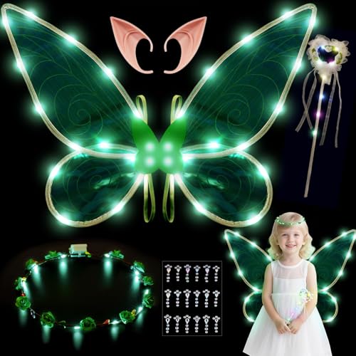 AOOWU Feenflügel LED, Lumineszenz Elfenflügel Set mit Strass-Aufkleber, Feenflügel Glitzer Erwachsene Kinder, Schmetterling Wings für Halloween Karneval Fee Party, Grünes Licht AOOWU Feenflügel LED, Lumineszenz Elfenflügel Set mit Strass-Aufkleber, Feenflügel Glitzer Erwachsene Kinder, Schmetterling Wings für Halloween Karneval Fee Party, Grünes Licht von AOOWU