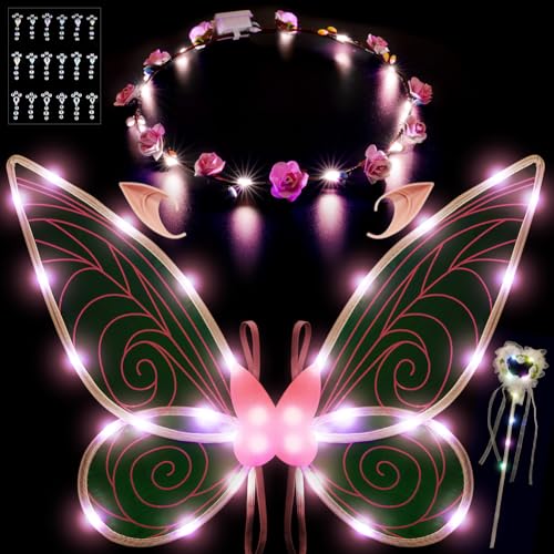 AOOWU Feenflügel LED, Lumineszenz Elfenflügel Set mit Strass-Aufkleber, Feenflügel Glitzer Erwachsene Kinder, Schmetterling Wings für Halloween Karneval Fee Party, Rosa Licht von AOOWU