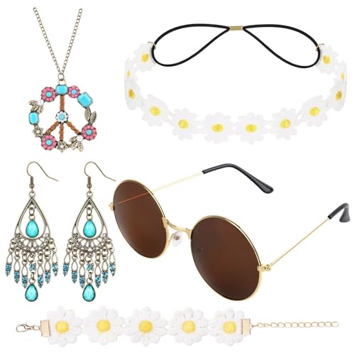 AOOWU Hippie Kostüm Set, Hippie Clothing Women's Accessories 5 pcs with Sunglasses, headbands, bracelets, Peace Ne-ck-lace and Earring, 60s 70s Hippie Accessories for Carnival,Fancy Dress, Theme Party von AOOWU