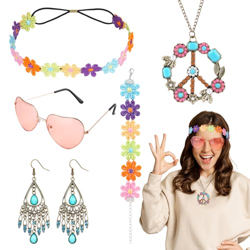 AOOWU Hippie Kostüm Set, Hippie Clothing Women's Accessories 5 pcs with Sunglasses, headbands, bracelets, Peace Ne-ck-lace and Earring, 60s 70s Hippie Accessories for Carnival,Fancy Dress, Theme Party von AOOWU