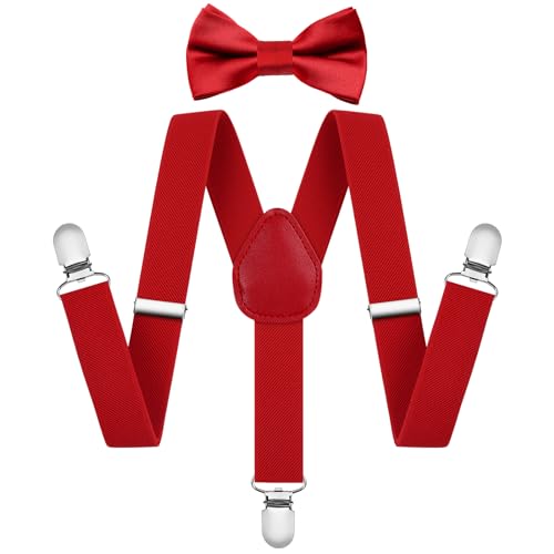 AOOWU Hosenträger für Herren, Breit 2.5 cm mit sehr Starken 3 Metall Clip, 2er Set mit farblich passender Fliege, Einstellbar und Elastisch Einheitsgröße für Junge und Mädchen, X Style (Rot) von AOOWU