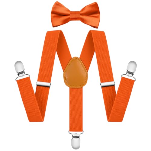 AOOWU Hosenträger für Herren, Breit 2.5 cm mit sehr Starken 3 Metall Clip, 2er Set mit farblich passender Fliege, Einstellbar und Elastisch Einheitsgröße für Junge und Mädchen (Orange-rote) von AOOWU