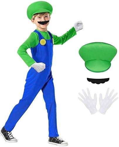 AOOWU Mario Kostüm Luigi Kostüm Set, 4-teiliges Set Mario Luigi Bodysuit Kostüm Kinder, Cosplay Outfit Jungen Mädchen mit Mütze Handschuhe Bart für Halloween Weihnachten Verkleidung (Grün, M) von AOOWU