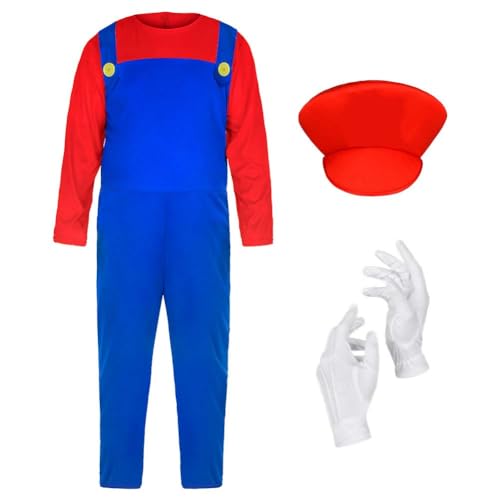 AOOWU Mario Kostüm Luigi Kostüm Set, 4-teiliges Set Mario Luigi Bodysuit Kostüm Kinder, Cosplay Outfit Jungen Mädchen mit Mütze Handschuhe Bart für Halloween Weihnachten Verkleidung (Rot, S), 3354794 von AOOWU