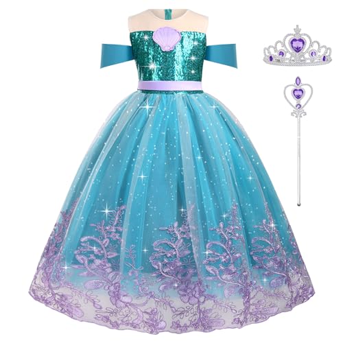 AOOWU Meerjungfrau Kostüm Mädchen, 3-Teiliges Prinzessin Kostüm Mädchen mit Kronen Zauberstab, Kostüm Meerjungfrau Kinder, Prinzessin Kleid für Karneval Faschingskostüme Halloween Cosplay Party(110cm) von AOOWU