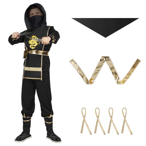 AOOWU Ninjago Kostüm, 3 Pcs Ninja Kostüm Kinder mit Ninja Doppelschwert, Goldenes Drache Ninjago Kostüm Kinder Jungen für Themenpartys Halloween Kostüm Verkleiden Ninja Rollenspiel, L von AOOWU