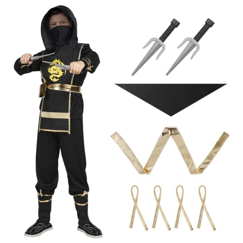 AOOWU Ninjago Kostüm, 3 Pcs Ninja Kostüm Kinder mit Ninja Doppelschwert, Goldenes Drache Ninjago Kostüm Kinder Jungen für Themenpartys Halloween Kostüm Verkleiden Ninja Rollenspiel, L von AOOWU